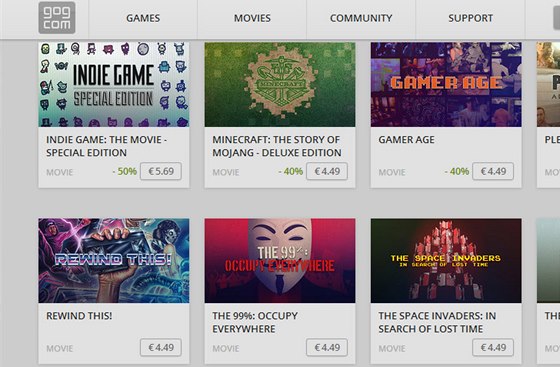 Server GOG.com pidal sekci s filmy a seriály.