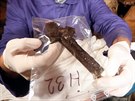 Archeolog Michal Beránek ukazuje jeden z bnjích nález - devný kíek.