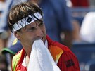ROZZUENÝ BÝK. panlský tenista David Ferer ve 3. kole US Open neml optimální...