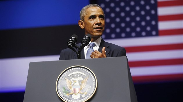 Americký prezident Barack Obama bhem projevu v estonském Talinnu (3. záí 2014)