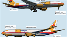 Pehled zatím identifikovaných ásti trupu letu MH17 (jsou vyznaeny lut)....