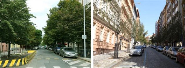 Současná Belgická ulice v porovnání se Záhřebskou, kde nové stromky nedělají...