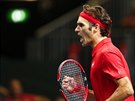 výcarský tenista Roger Federer se raduje v semifinále Davis Cupu proti Itálii.