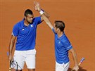 Francouztí tenisté Jo-Wilfried Tsonga a Richard Gasquet (vpravo) oslavují zisk...