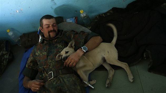 Ukrajinský voják se svým psem u města Horlivka (18. září 2014)