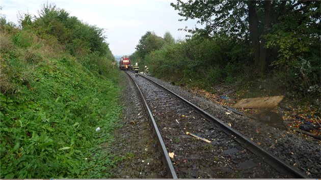 Nklak uvzl kvli drav pneumatice na elezninm pejezdu. Dispeer u nestihl blc se vlak zastavit (16. zi 2014).