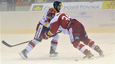 Olomoucký úto�ník Erik Hr�a (vlevo) a obránce Slavie Jan Holub v souboji o puk.