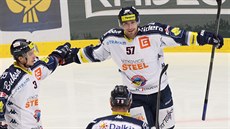 Vítkovičtí hokejisté slaví trefu Rostislava Olesze (57).