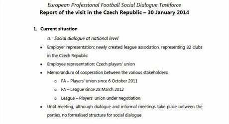 Dopis UEFA, kter shrnuje lednovou inspekci v Praze.