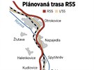 Trasa plánované rychlostní silnice R55 z Otrokovic k Beclavi.