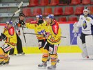 Hokejisté eských Budjovic se radují z gólu do sít Kladna.