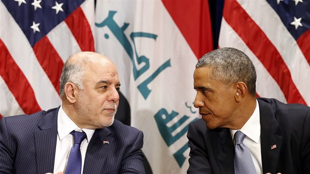 Irácký premiér Hajdar Abádí (vlevo) na setkání s americkým prezidentem Barackem Obama v sídle OSN v New Yorku (24. září 2014)