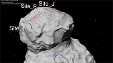 Kolá z rzných snímk poízených sondou Rosetta bhem sestupu a po prvním skoku modulu Philae na komet urjumov-Gerasimenko.