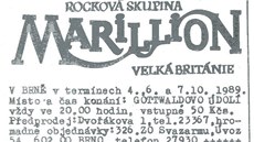 Letáek zve na zájezd na brnnský kobncert skupiny Marillion v roce 1989, který