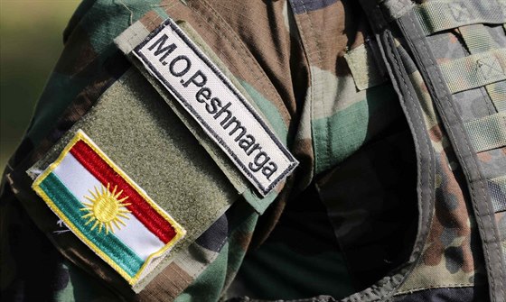 Národní vlajka Kurdistánu na uniformě pešmerga, který se cvičí v Německu (2....