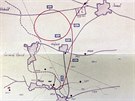 Trasa letu OK-351, který havaroval u Ptic na Kladensku