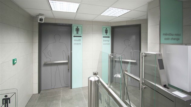 Veřejné toalety ve stanici metra Můstek. Vstup do prostor toalet po rekonstrukci.