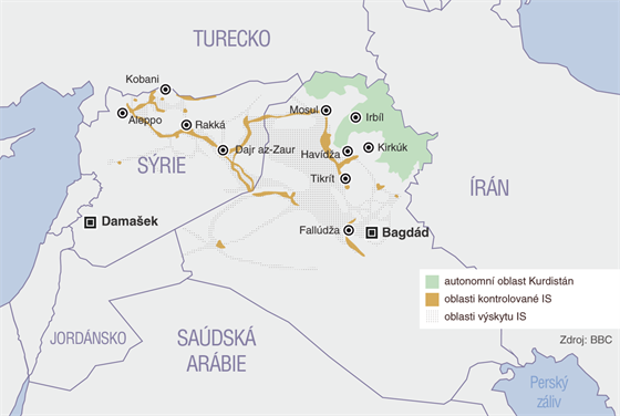 Území v Iráku a Sýrii ovládaná bojovníky Islámského státu