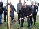 Prezident Milo Zeman pi sázení aleje v Novém Veselí na ársku.