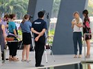 Kanaanka Eugenie Bouchardová ped jedním z rozhovor v Marina Bay v Singapuru.