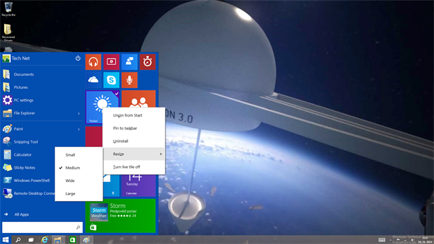 Univerzální aplikace (Metro), lze do nabídky Start přidávat i odebírat. Chovají se stejně jako v novém rozhraní pro Windows 8 a 8.1 a to včetně aktivity a nastavení.