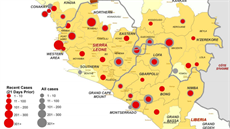 Mapka geografického rozložení případů Eboly v západní Africe podle oficiálních...