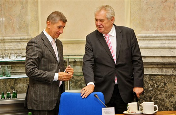 Prezident Miloš Zeman a ministr financí Andrej Babiš na jednání tripartity na...