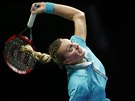 eská tenistka Petra Kvitová podává v úvodním utkání Turnaje mistry.