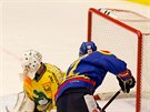 eskobudjovický hokejista Tomá Nouza (v modrém) neúspn útoí na umperskou...