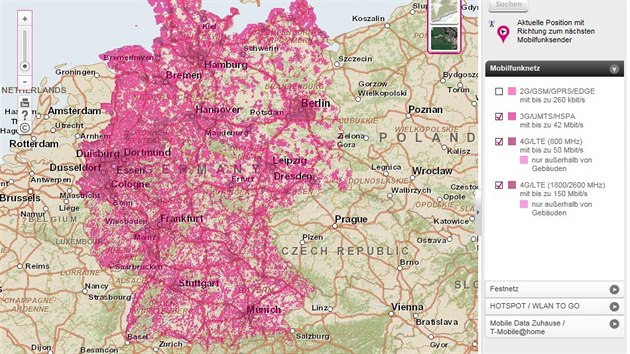 Pokryt signlem datovch 3G a 4G st v Nmecku u opertora T-Mobile