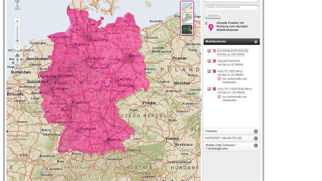 Pokryt signlem vech datovch (2G, 3G a 4G) st v Nmecku u opertora T-Mobile