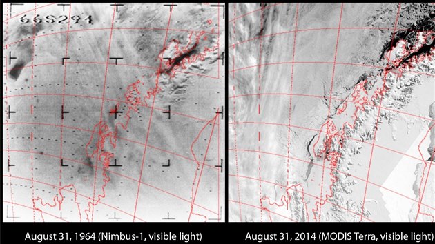 Srovnn dvou generac. Vlevo je snmek ze satelitu Nimbus-1, vpravo je o plstolet mlad snmek ze satelitu MODIS. I kdy rove detail je pi originlnm rozlien nesrovnateln, odbornky pr pekvapilo, kolik informac lze vyst i ze starch snmk v 16bitov ed kle.