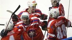 Třebíčští hokejisté se radují z gólu.