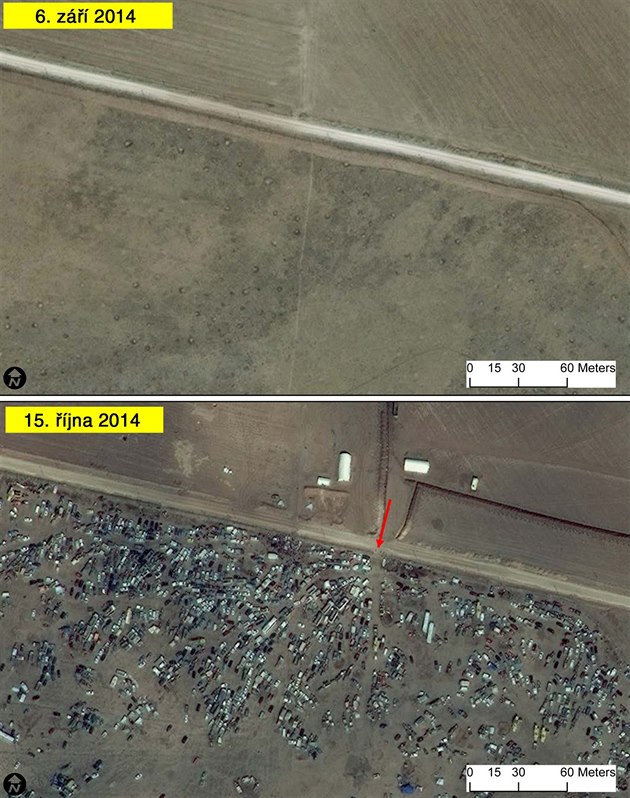 Stovky aut na syrské stran� hranice nedaleko Kobani. P�echod  do Turecka...