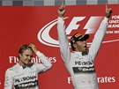 RADOST A ROZPAKY. Lewis Hamilton záí po triumfu ve Velké cen USA, druhý Nico