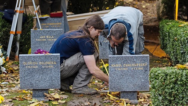 Exhumace ostatk z hrobu na blickm hbitov v Praze, ve kterm byl dajn pohben knz Josef Toufar (7. listopadu 2014)