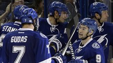 Radko Gudas a Tyler Johnson debatují u stídaky Tampy Bay.