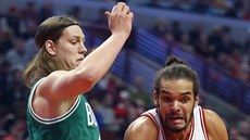 Joakim Noah (vpravo) z Chicaga hledá prostor pod koem Bostonu pes Kellyho...