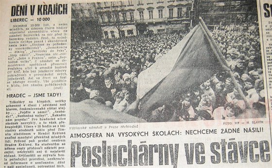 Mladá fronta z listopadu roku 1989 a Lubasův článek o demonstraci v Liberci.