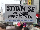 Úastníci demonstrace, kteí pili prezidentovi Miloovi Zemanovi vystavit...