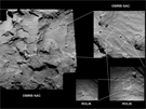 Sloení snímk poízených Rosettou a Philae ukazuje, kam vesmírná laborato...