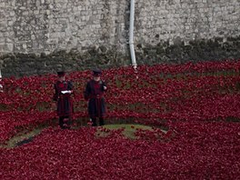 Takzvaní Beefeaters (ochranka Toweru) stojí u instalace od Paula Cumminse. 