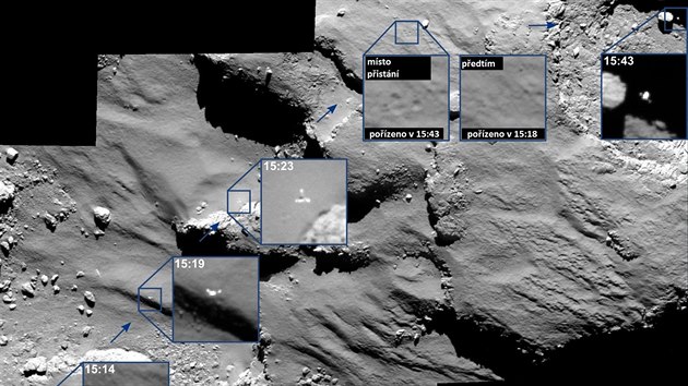 Kol z rznch snmk pozench sondou Rosetta bhem sestupu a po prvnm skoku modulu Philae na komet urjumov-Gerasimenko. Na prvnch tech detailech je vidt sonda bhem sestupu k povrchu komety. Pak se podailo zachytit msto, kde se modul dotkl povrchu (pistn pistl v 15:34 GMT, foto vzniklo 9 minut pot). Je tu vidt stopy, kterou modu zanechal v povrchu. Philae pi odrazu ponkud zmnil smr a Rosett se ho podailo zachytit bhem vzestupn fze dvouhodinovho skoku, pznan nad temnou oblast plnou stnu. Modul vak urit spadl podstatn dle od msta prvnho dopadu a v dob zveejnn fotografie msto jeho odpoinku na komet nebylo pesn objeveno.