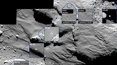 Koláž z různých snímků pořízených sondou Rosetta během sestupu a po prvním...