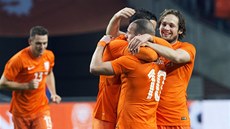 Radost nizozemských fotbalistů po gólu. 