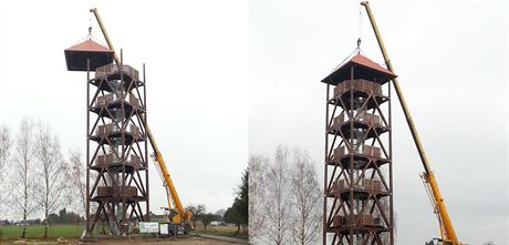 Usazování nové rozhledny v ernov na Náchodsku.