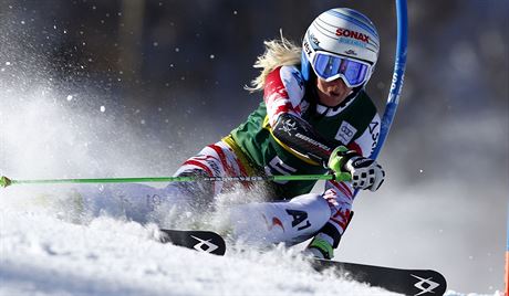 Rakouská lyaka Eva-Maria Bremová na trati obího slalomu v Aspenu.
