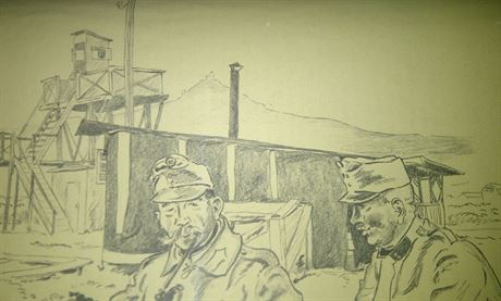 Kresba tábora s Jetdem v pozadí.