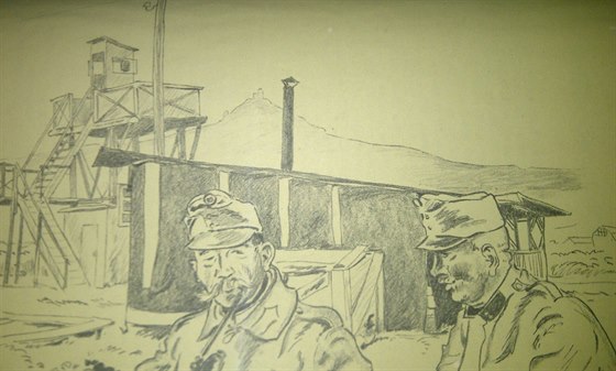 Jedna z kreseb pořízená v zajateckém táboře. V pozadí je vidět hora Ještěd.
