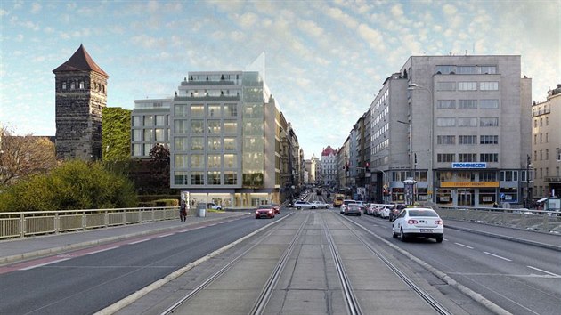 Nvrh novostavby (vizualizace vlevo) v Revolun ulici v Praze od architektky Evy Jiin